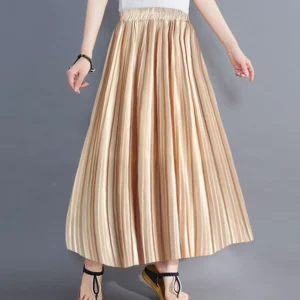 Free Size Spring Summer Metallic Shiny Midi Skirt Pleated Long Skirt A Line Skirt