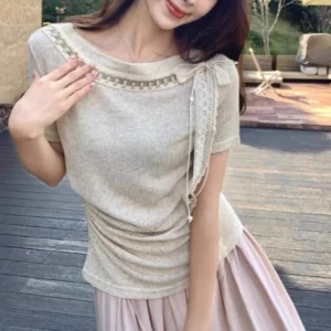 Free Size Trendy Tops for Women Clothes Lace Ties Korean Style Woman T Shirt Short Sleeve Slim Fit