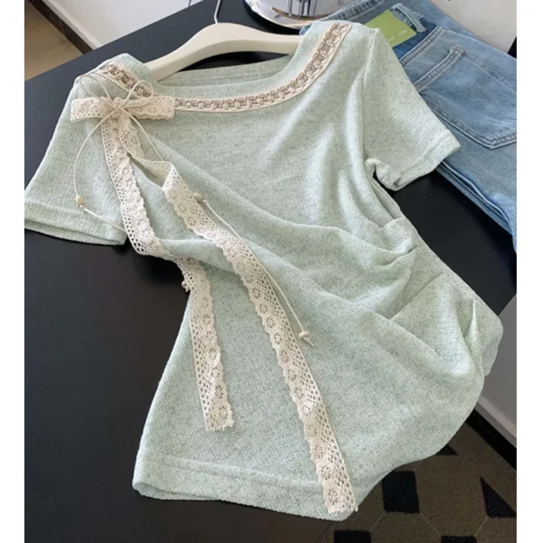 Free Size Trendy Tops for Women Clothes Lace Ties Korean Style Woman T Shirt Short Sleeve Slim Fit
