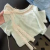 Free Size Trendy Tops for Women Clothes Lace Ties Korean Style Woman T Shirt Short Sleeve Slim Fit