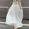 Free Size Women s Solid Color Long Skirt women High Waist A Line Skirt Putih Skirt Kembang Pleated Skirt  fine11