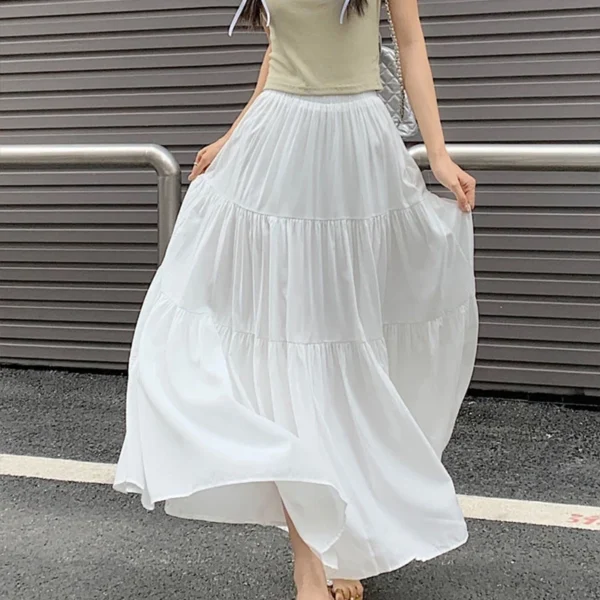 Free Size Women s Solid Color Long Skirt women High Waist A Line Skirt Putih Skirt Kembang Pleated Skirt  fine11