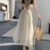 cn-11134207-7ras8-mb29ohd8opm4f8.webp Free Size Bow Mesh Pleated Skirt Women s High Waist Draped A line Umbrella Skirt with Large Hem