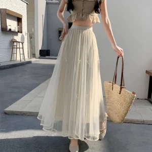 cn-11134207-7ras8-mb29ohd8opm4f8.webp Free Size Bow Mesh Pleated Skirt Women s High Waist Draped A line Umbrella Skirt with Large Hem