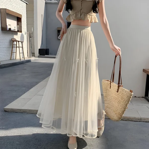 cn-11134207-7ras8-mb29ohd8opm4f8.webp Free Size Bow Mesh Pleated Skirt Women s High Waist Draped A line Umbrella Skirt with Large Hem