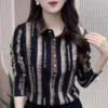 cn-11134207-820l4-mgdi0mud4jda91.webp Free Size Trendy Vintage Stripe Polo Shirt Long Sleeve Casual Top with Buttoned Collar