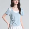 cn-11134207-820l4-mol5i8uc7cp76c.webp Free Size Korean Trendy U Neck Gathered Top with Side Slits Casual Slim Fit Women s T Shirt