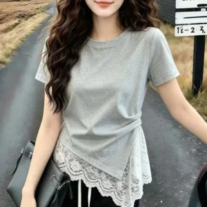 cn-11134207-820l4-mol6u2nwg6bla6.webp Free Size Korean style Round Neck Ruched Waist T Shirt with Lace Hem Casual Wear