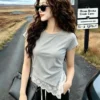 cn-11134207-820l4-mol6uityoi6n5f.webp Free Size Korean style Round Neck Ruched Waist T Shirt with Lace Hem Casual Wear