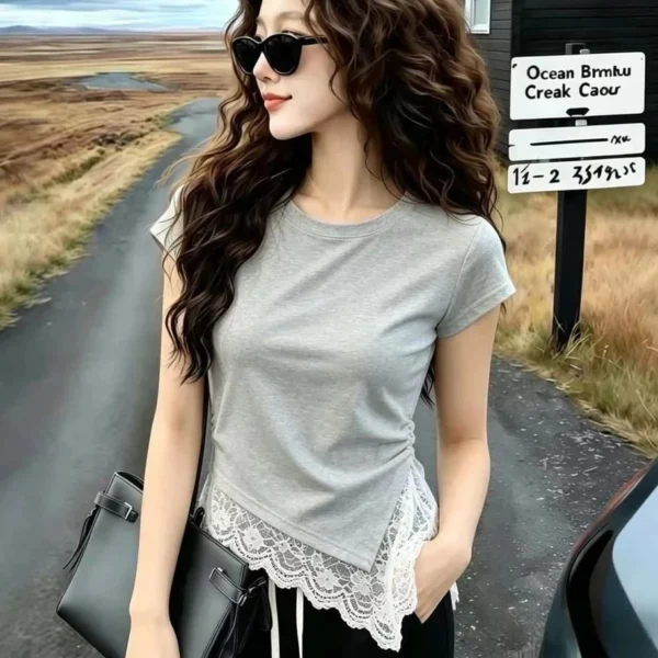 cn-11134207-820l4-mol6uityoi6n5f.webp Free Size Korean style Round Neck Ruched Waist T Shirt with Lace Hem Casual Wear