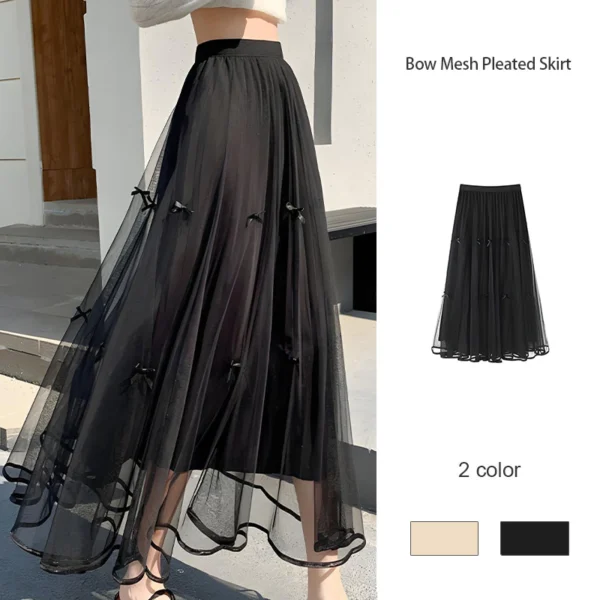 sg-11134201-7raul-mb50sf37yrk382.webp Free Size Bow Mesh Pleated Skirt Women s High Waist Draped A line Umbrella Skirt with Large Hem
