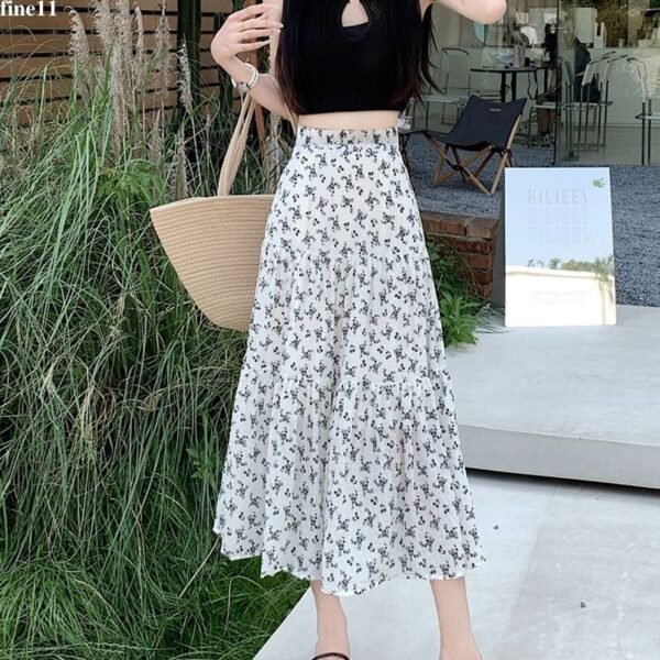 Women Free Size A line Floral Skirt Crotch Covered High end Skirt Summer Thin High Waist Long Skirt fine11