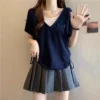 sg-11134201-7rdvi-mdscef3pfe3dc6.webp Free Size Baggy V neck Short Sleeve T shirt for Women with Side Drawstring