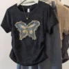 sg-11134201-7rdvv-mbo0iyrv9aq59c.webp Free Size Baggy Ruched Top with Distressed Butterfly Embroidery Casual Women s Tee