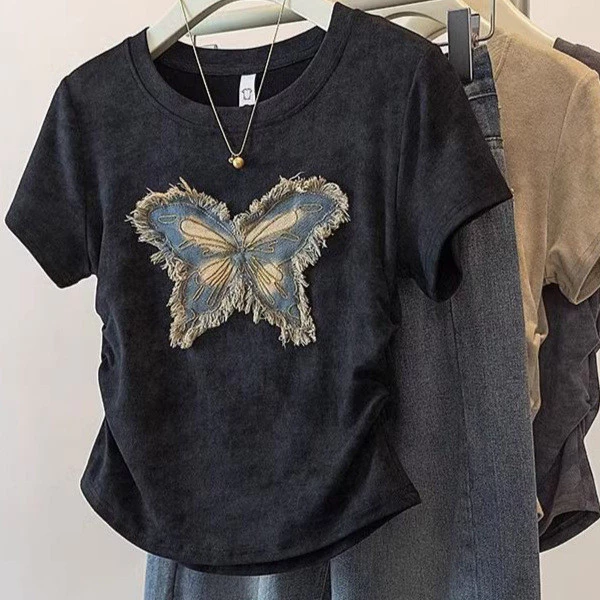 sg-11134201-7rdvv-mbo0iyrv9aq59c.webp Free Size Baggy Ruched Top with Distressed Butterfly Embroidery Casual Women s Tee
