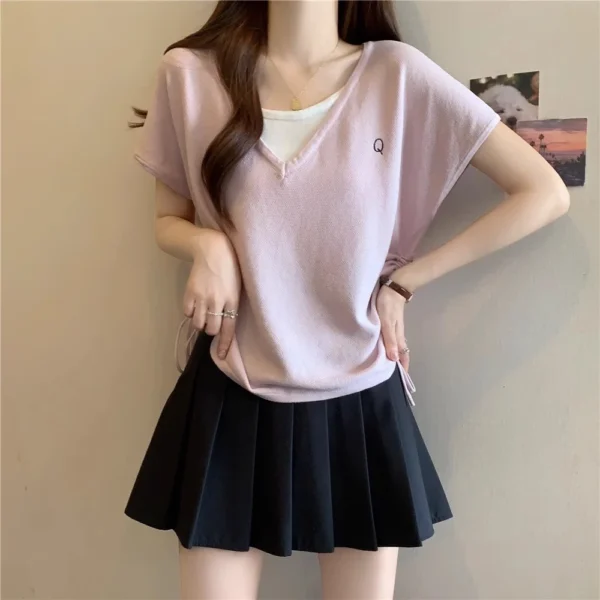 sg-11134201-7rdx0-mdscefmkmbpwd1.webp Free Size Baggy V neck Short Sleeve T shirt for Women with Side Drawstring