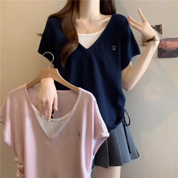 sg-11134201-7rdx4-mdsceecij4pw69.webp Free Size Baggy V neck Short Sleeve T shirt for Women with Side Drawstring