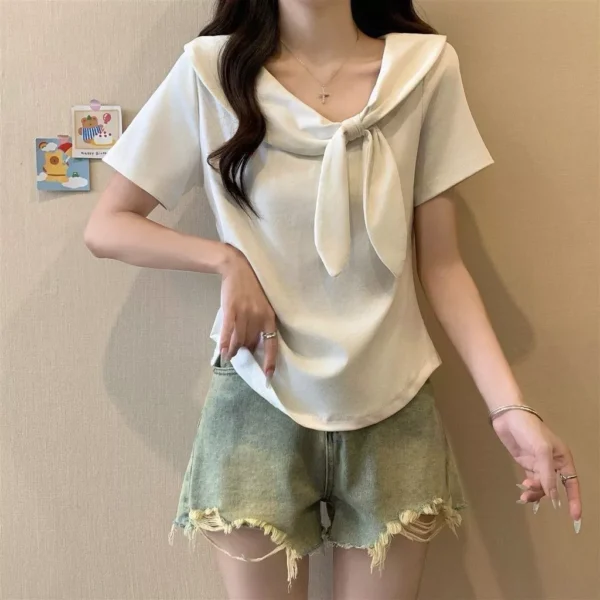 Free Size Korean Trendy Plus Size Shirt   Burgundy Sailor Collar for Women