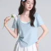 sg-11134201-823p1-mol5gbd46bkcd3.webp Free Size Korean Trendy U Neck Gathered Top with Side Slits Casual Slim Fit Women s T Shirt