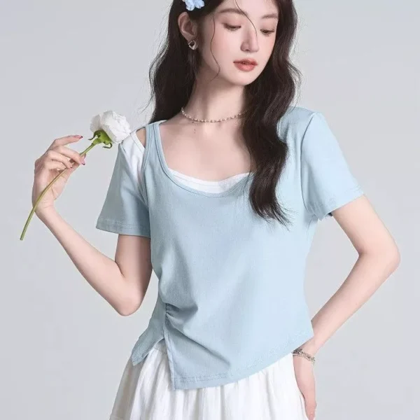 sg-11134201-823p1-mol5gbd46bkcd3.webp Free Size Korean Trendy U Neck Gathered Top with Side Slits Casual Slim Fit Women s T Shirt
