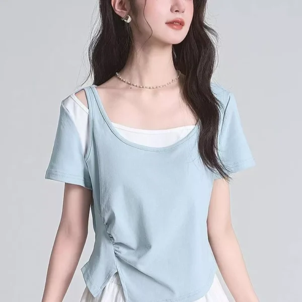 sg-11134201-823rq-mol5g9tpxy4sbc.webp Free Size Korean Trendy U Neck Gathered Top with Side Slits Casual Slim Fit Women s T Shirt