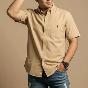 sg-11134201-8262i-mky0t2gults32e.webp Free Size Men s Short Sleeve Logo Design Cotton Casual Shirt Kemeja Lelaki With Pocket Lengan Pendek Cotton Fabric